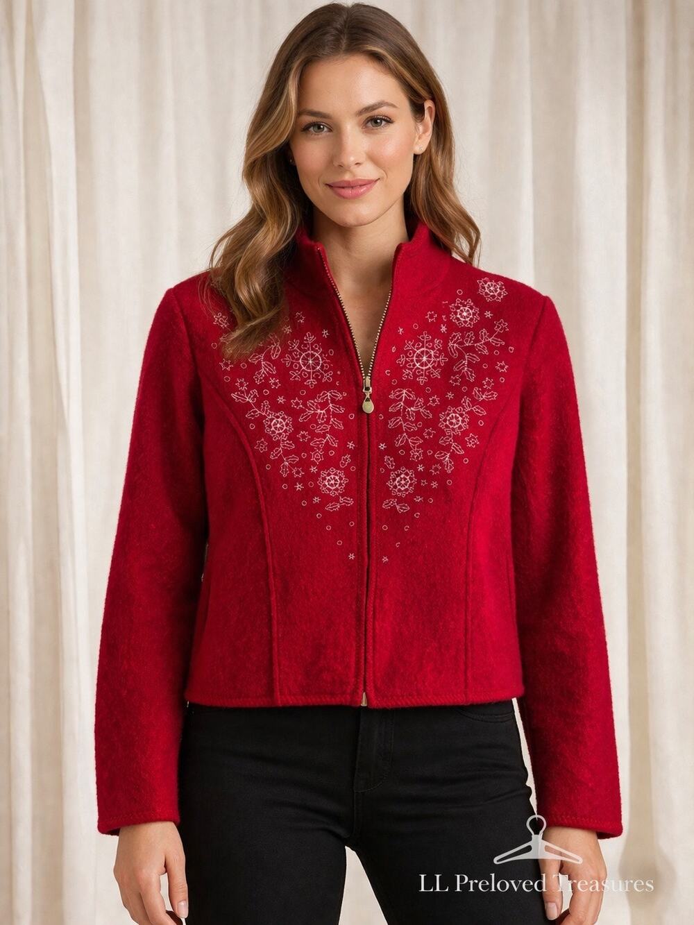 The Tog Shop Red Boiled Wool Jacket Women's XL Red Christmas Embroidered Sweater